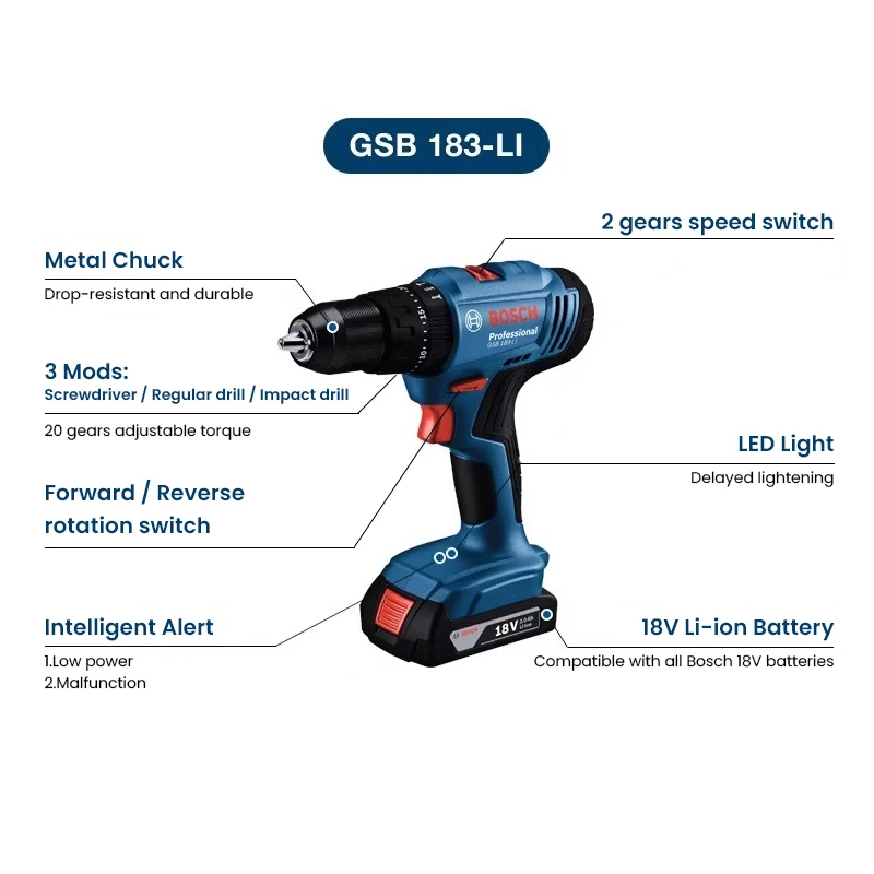 Power Tools Use - Taladro Eléctrico Bosch GSB183-LI, Atornillador Inalámbrico